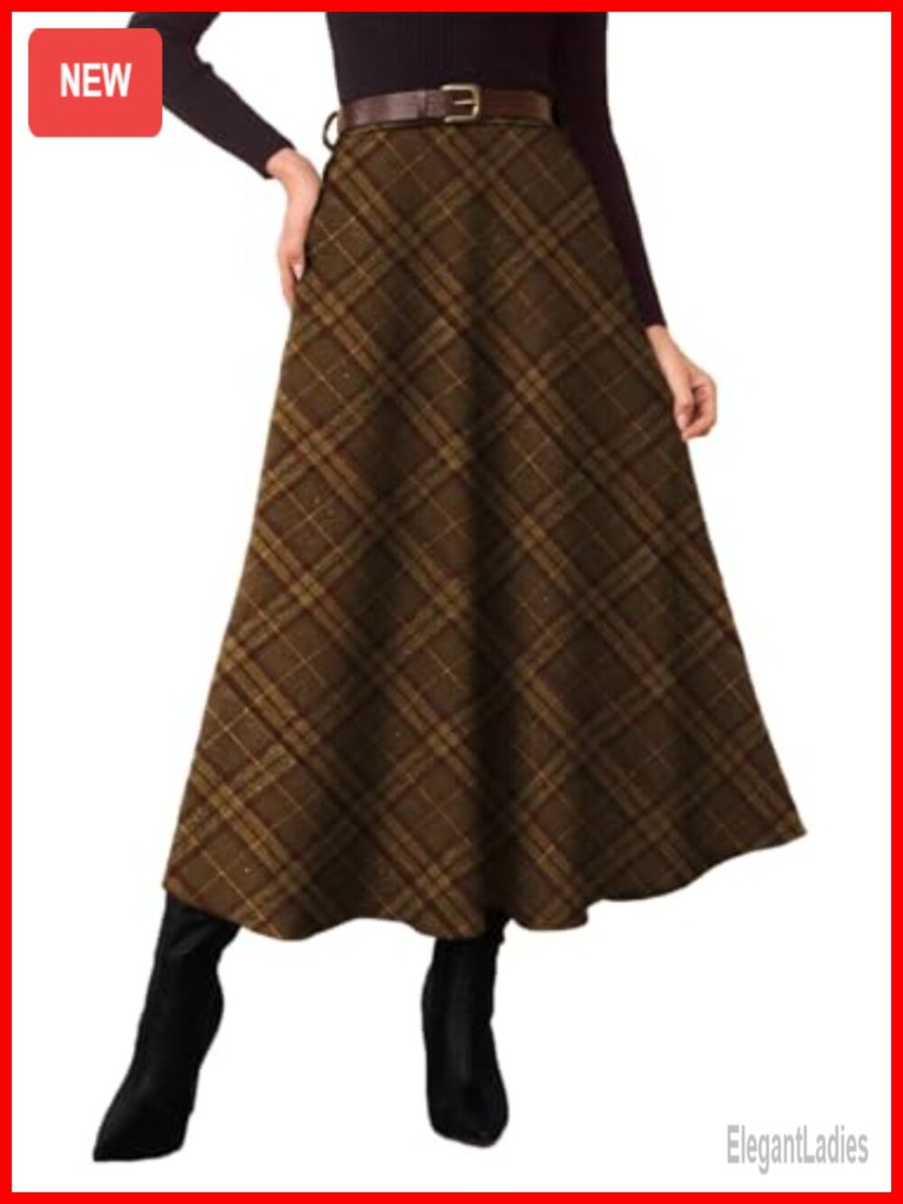 A-Line High Waist Plaid Midi Skirt with Pockets & Belt Loop
